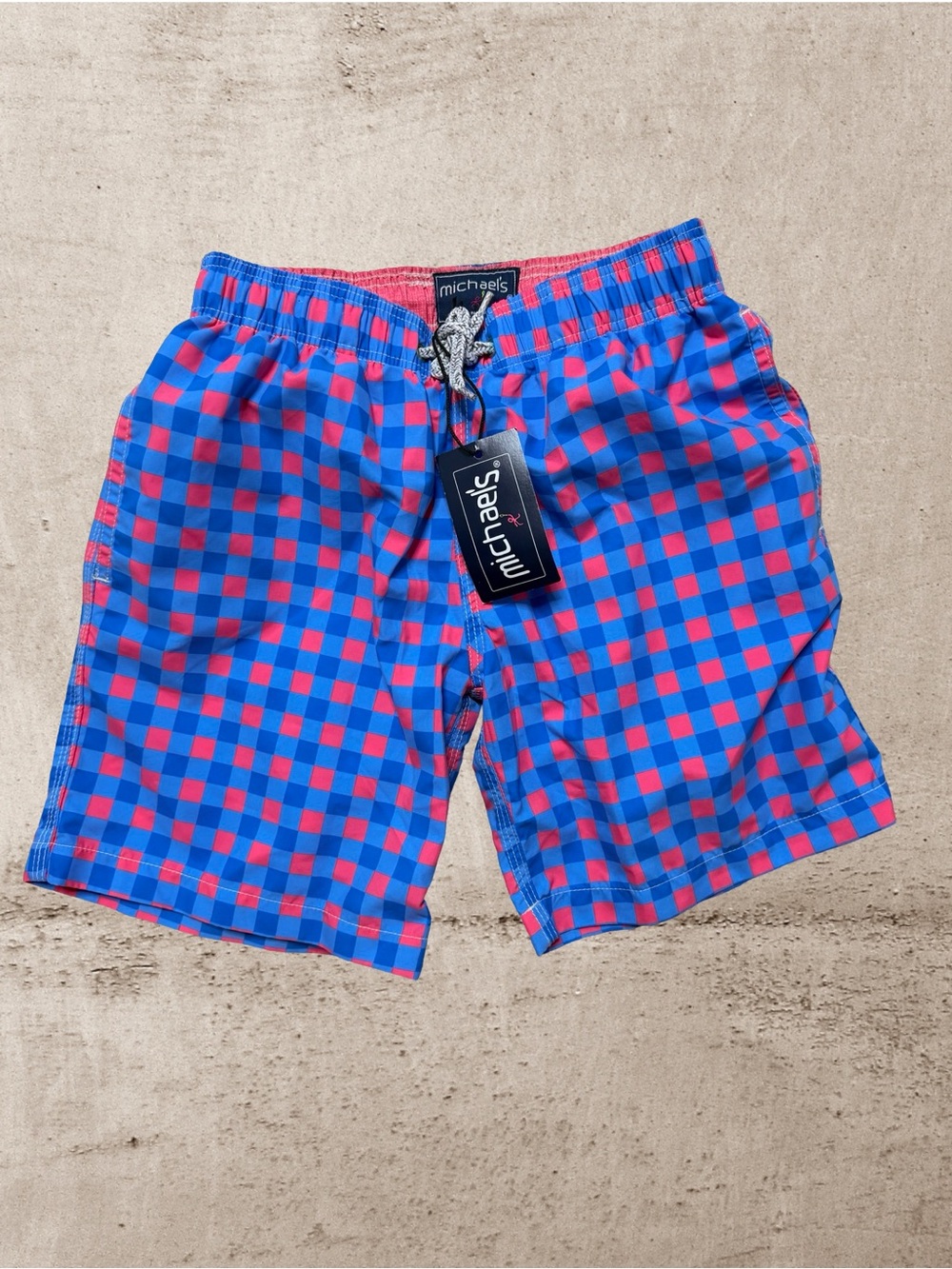 NWT Michael's Boys Gingham Board Shorts Blue Pink Swim Trunks Beach Pool Sz 10